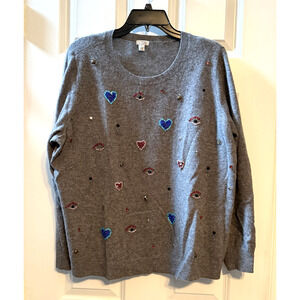Halogen Cashmere Size 2X Rhinestone Beaded Sequin Stone Gray Sweater Hearts Eye